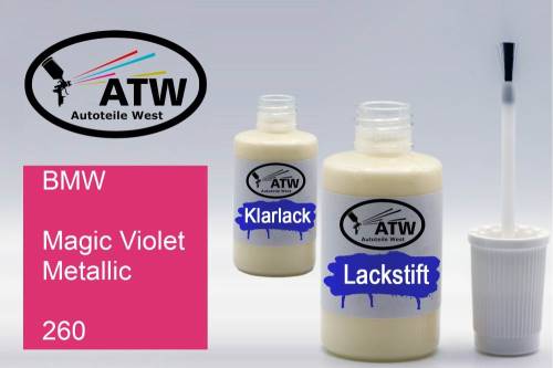 BMW, Magic Violet Metallic, 260: 20ml Lackstift + 20ml Klarlack - Set, von ATW Autoteile West.